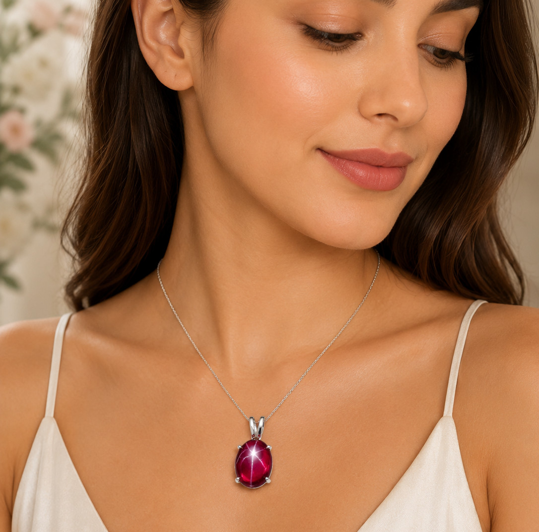 10CT Natural Red Star Sapphire Pendant | 925 Sterling Silver | Oval Cabochon
