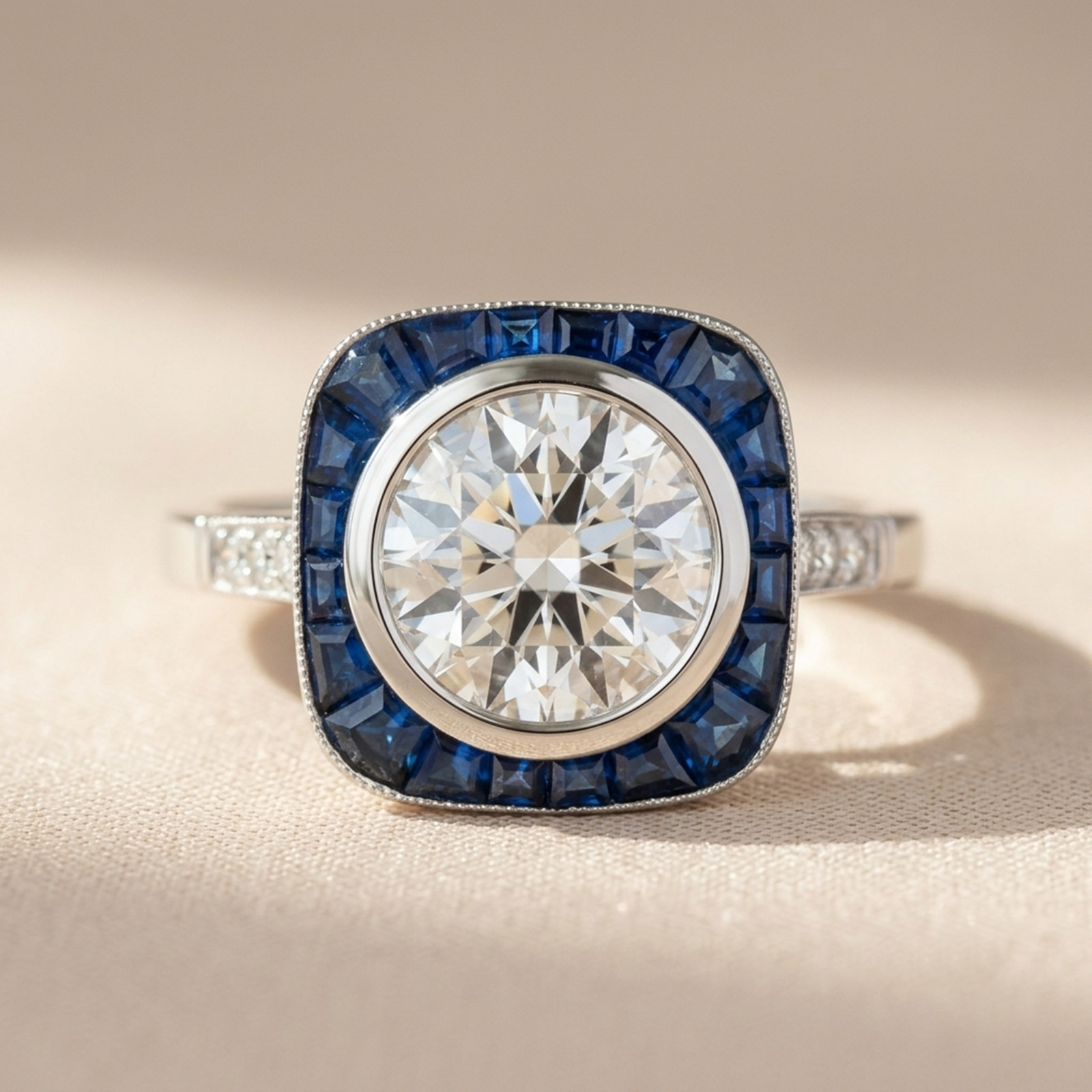 14K White Gold Art Deco Retro Bezel Set Round Cut Simulated Diamond Wedding Ring