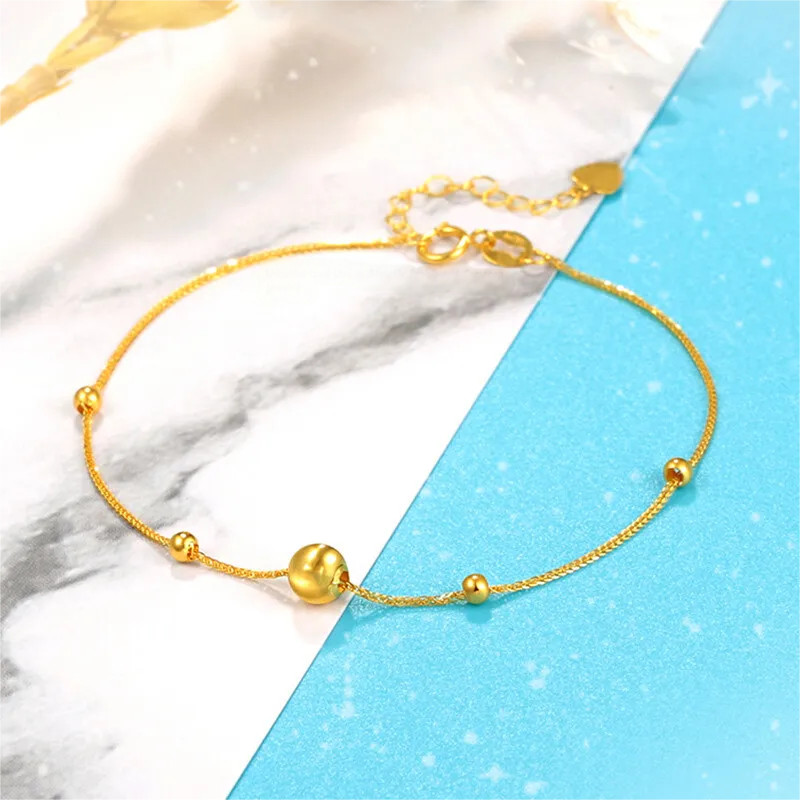 Pure Au750 18K Yellow Gold Chain Lucky Laser Beads Wheat Link Bracelet 6.1-7.2in