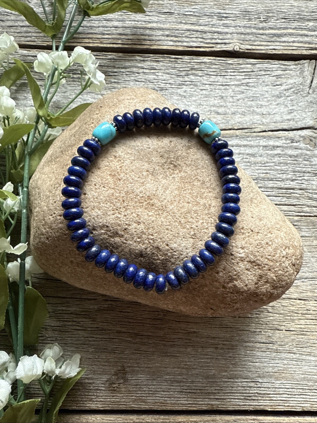 Lapis Turquoise 6.5 Inch Stretch Elastic Stretchy Bead Bracelet Gift