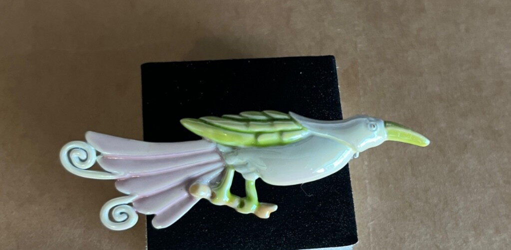 Vintage Bird of Paradise enamel pin, green pink, white