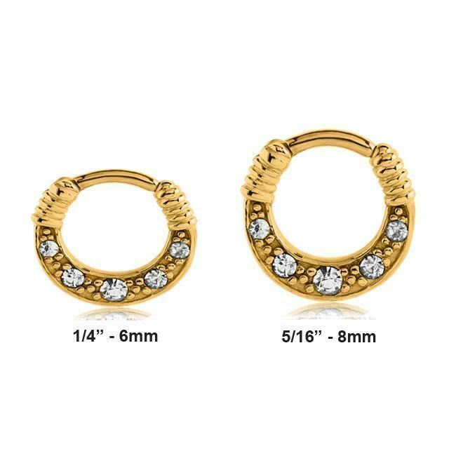 Gold 316L Surgical Steel Septum Clicker Nose Ring Hoop CZ 1/4″ 5/16″ 14G 16G