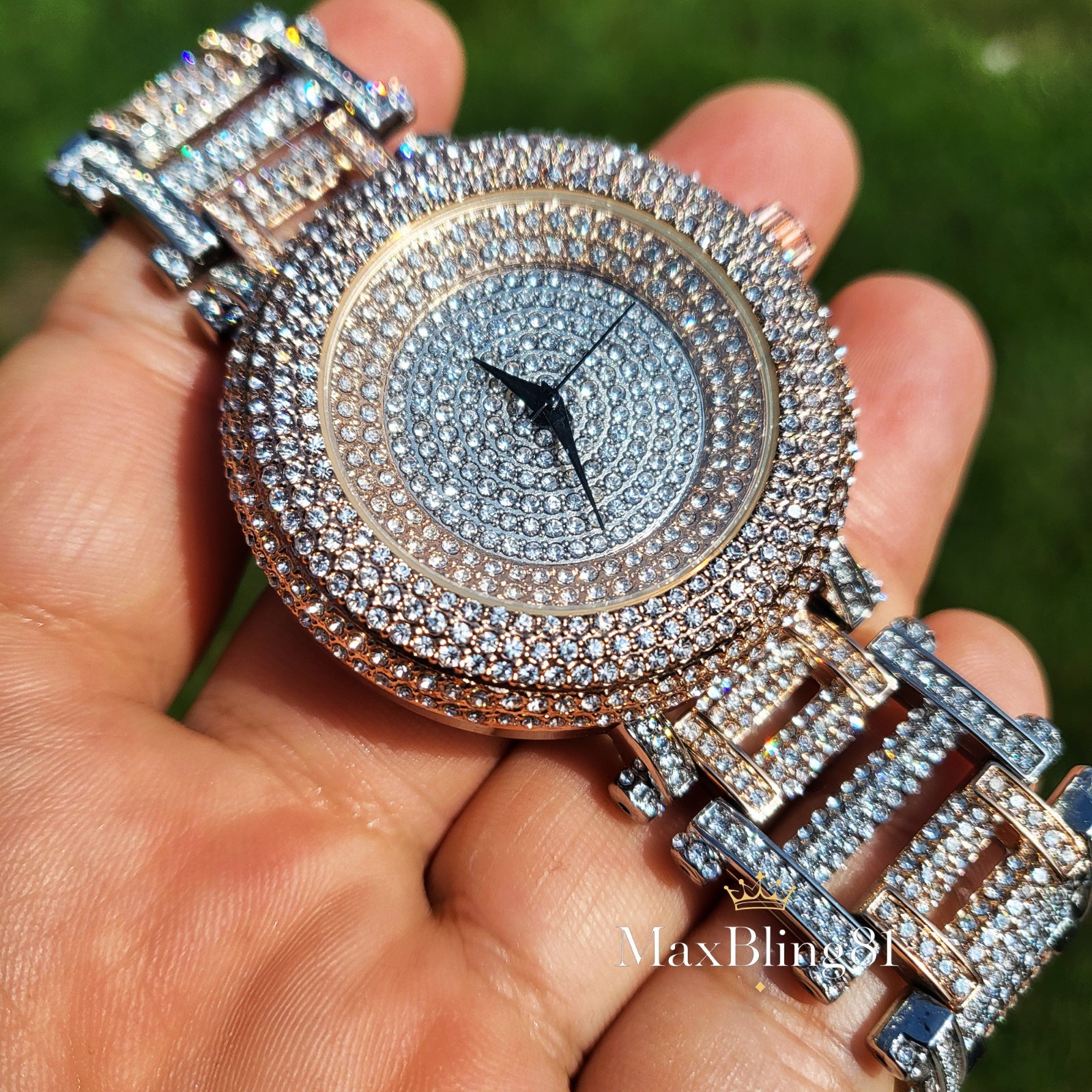Men’s Hip Hop Iced Rose Gold / Silver Tone Bling Fashion Metal Band Watch Luxury