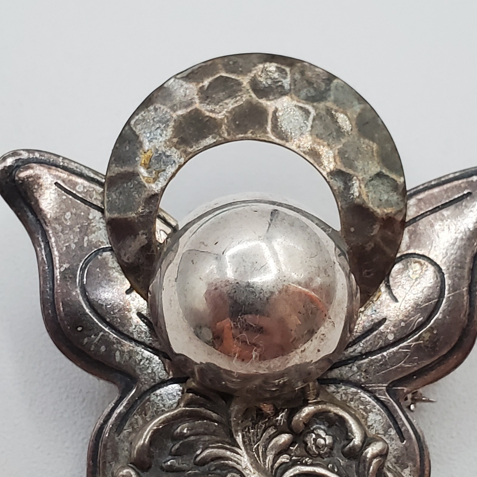 VTG Angel Brooch and Pendant Combo 2.5in Hammered Silver Tone Scroll Steampunk