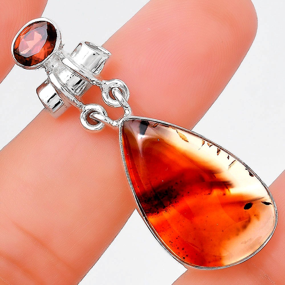 Natural Montana Agate USA and Garnet 925 Sterling Silver Pendant Jewelry P-1276