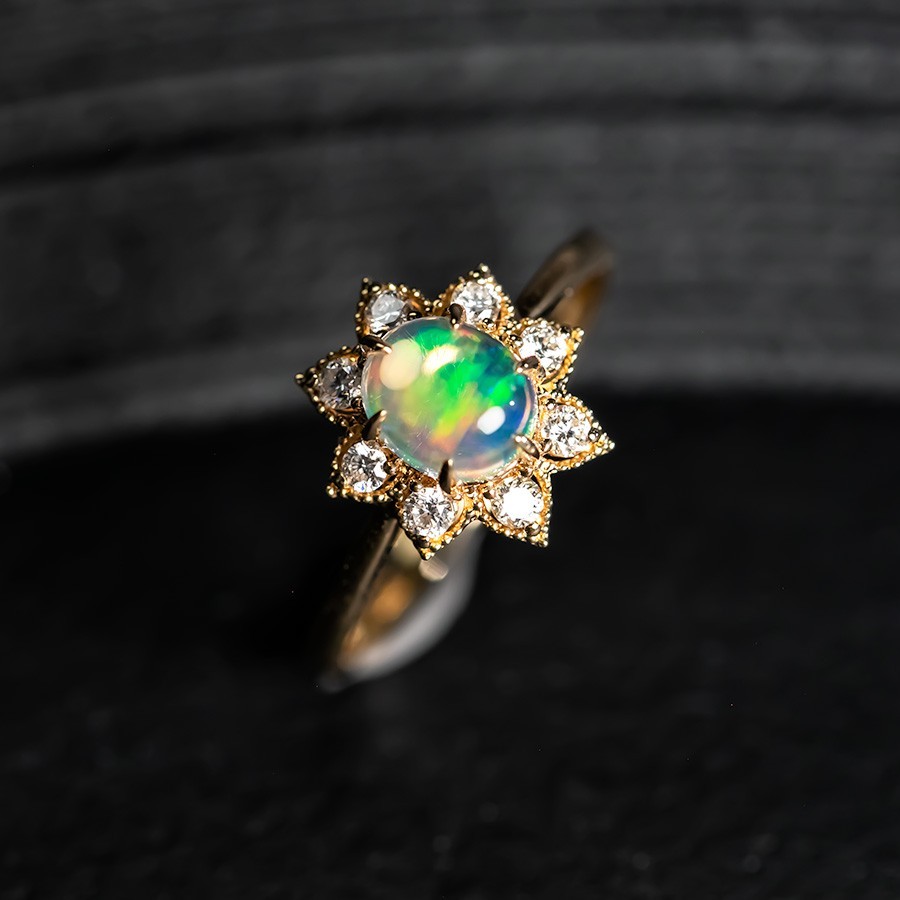 Sunflower Fire Opal Diamond Engagement Ring 14K Yellow Gold