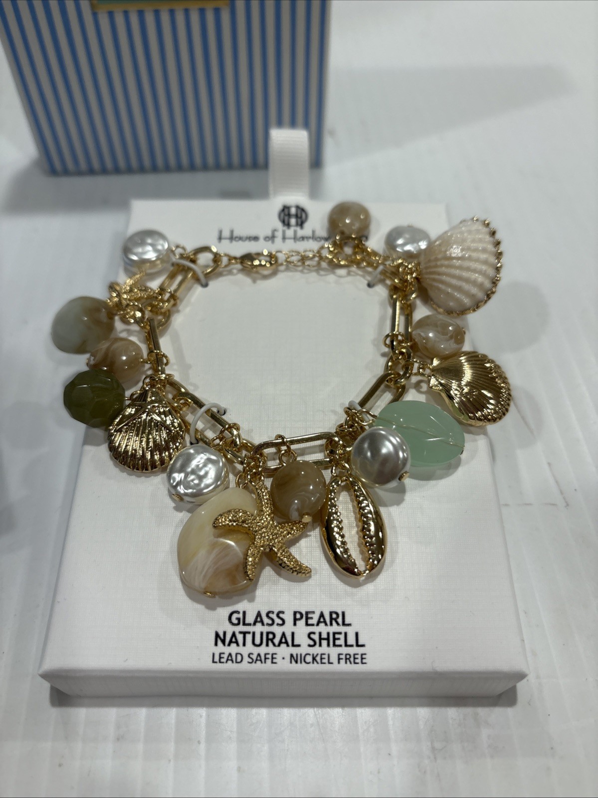 House of Harlow Glass Pearl and Natural Shell Beach Charm Bracelet NWT