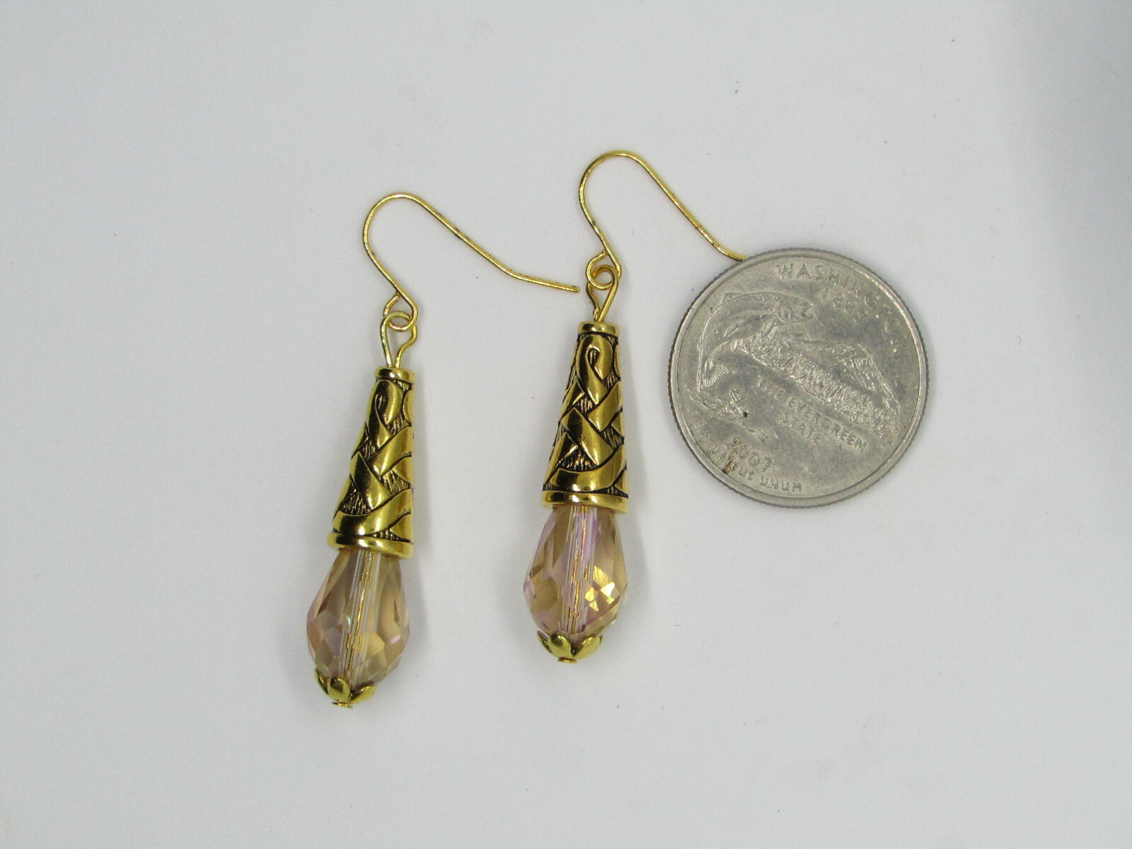 Artisan Made, Beige AB Teardrop Crystal Gold Dangle Earrings, Fashion Earrings