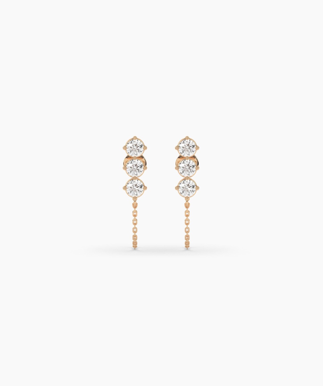 14K Gold Round Lab Grown Diamond Three Stone Climber with Chain Loop Earrings