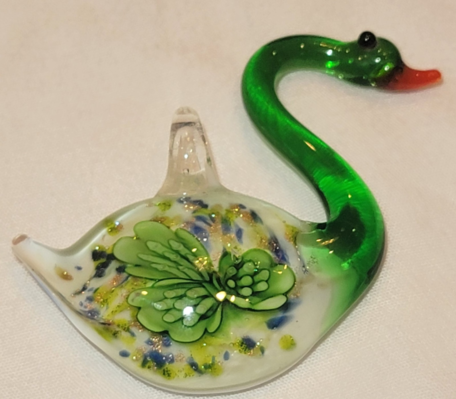 Handcrafted Blowen Green Swan Murano Glass Pendant with Gold Foil Clean Look