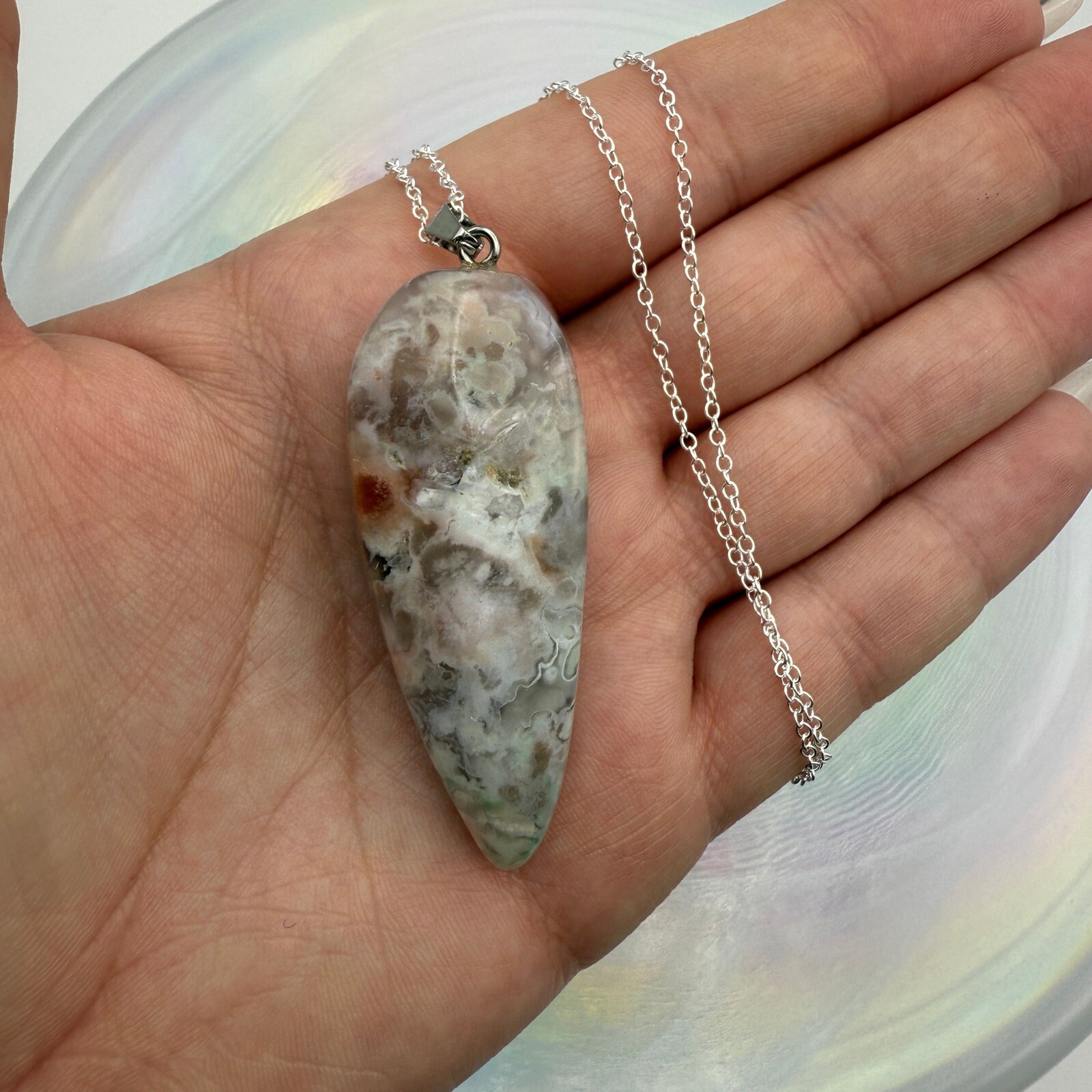 Flower Agate Pendant Necklace Teardrop Stone Silver Chain Women’s Jewelry