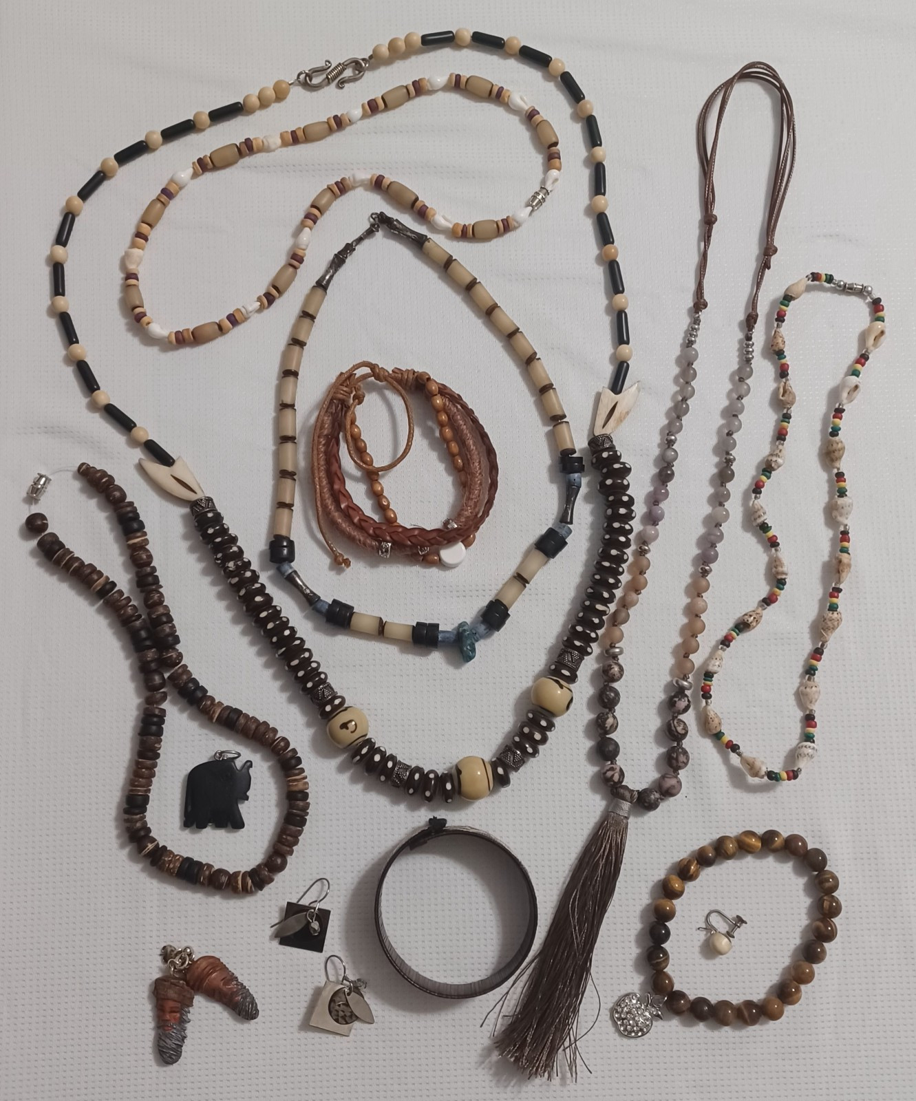 COOL Lot Of Vintage Tribal Jewelry Bone Beads Wood Shells Gemstones Leather Etc