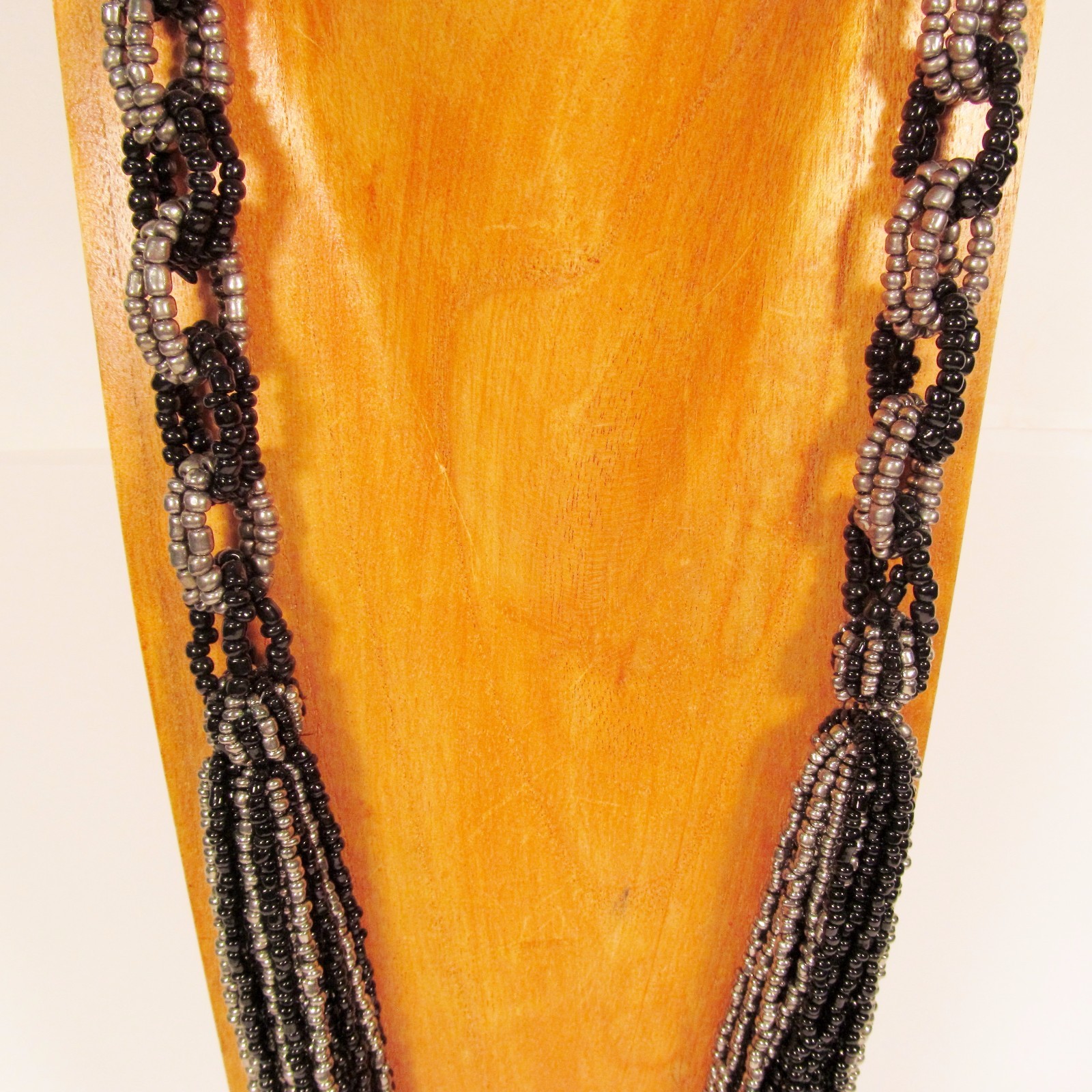 34″ Black Silver Long Multi Strand Boho Handmade Seed Bead Statement Necklace