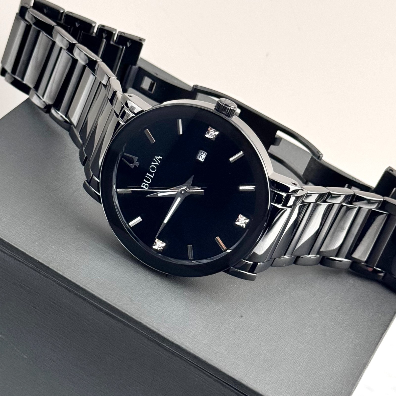 BULOVA Men’s Futuro Modern 98D144 Black Quartz Diamond Calendar Watch 42MM