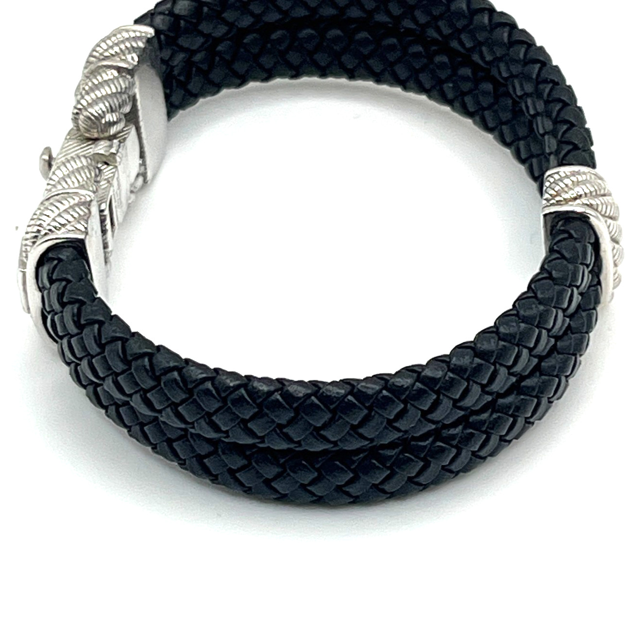 Judith Ripka Bracelet Sz 6.5 Link Black Leather CZ Sterling 925 Push Lock Latch
