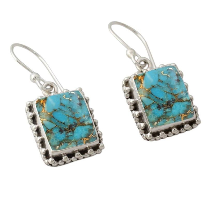 925 Sterling Silver Blue Copper Turquoise Handmade Genuine Earrings For Women