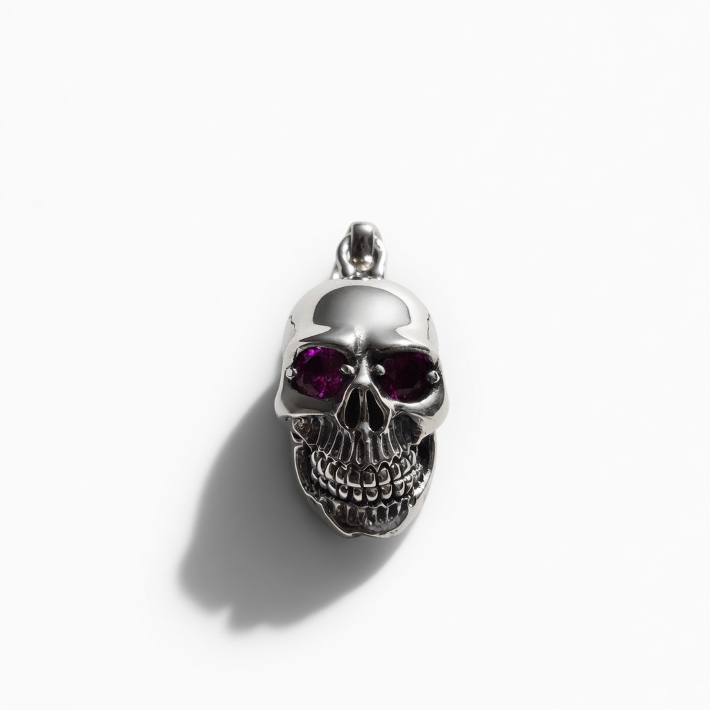 11 Gram 925 Sterling Silver Skull Ruby Eyes, Charm Style, 31.8 mm, Movable Jaw