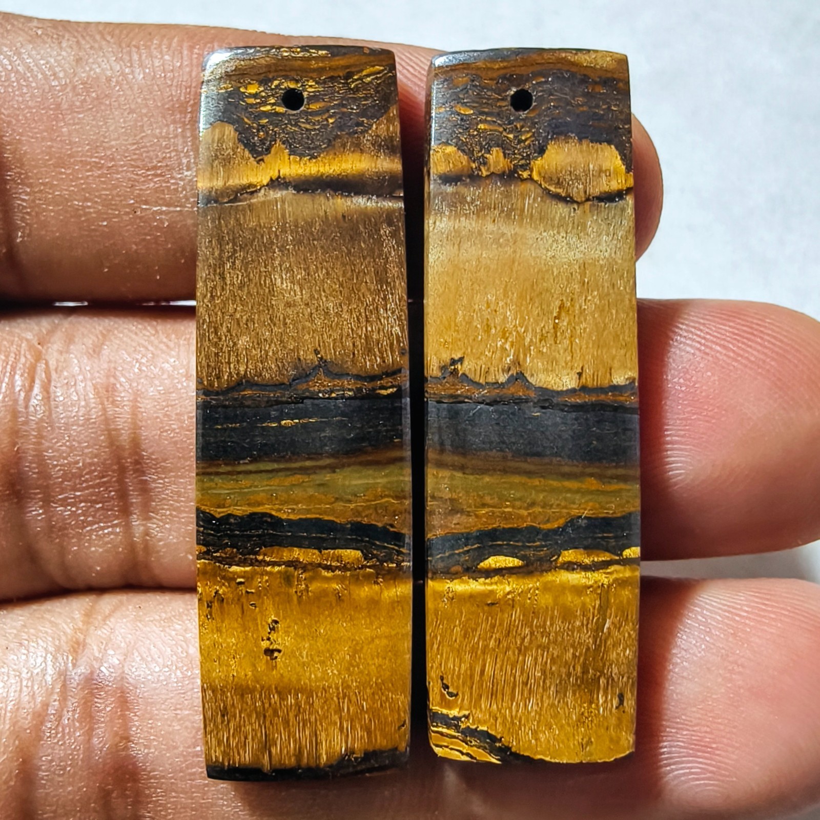 55 Cts Natural Tiger’s Eye Drilled Match Pair Cabochon Gemstone 40.7 X 12.2 MM