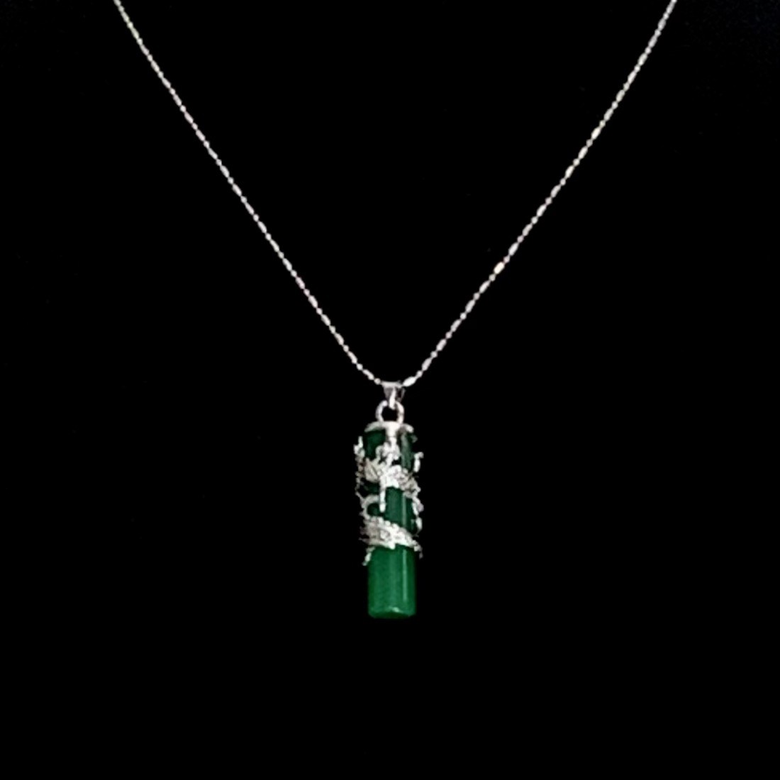 Dragon Coil Green Jade Pillar Men Women Column Pendant Chain Necklace 18KWGP 16″