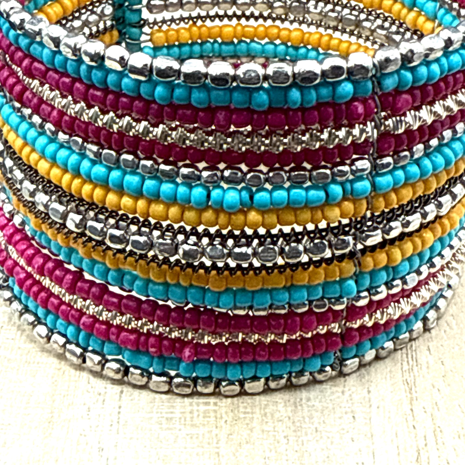 Handmade Bracelet 6.5″ Adjustable Aqua Red Yellow Seed Bead Woven Boho Wide Cuff