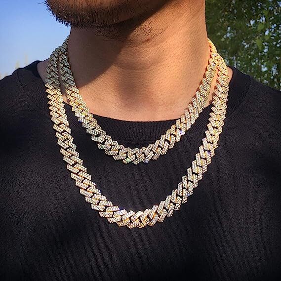 12mm Iced CZ Out Cuban Link Chain 14k Gold Stainless Steel Hip Hop Jewelry