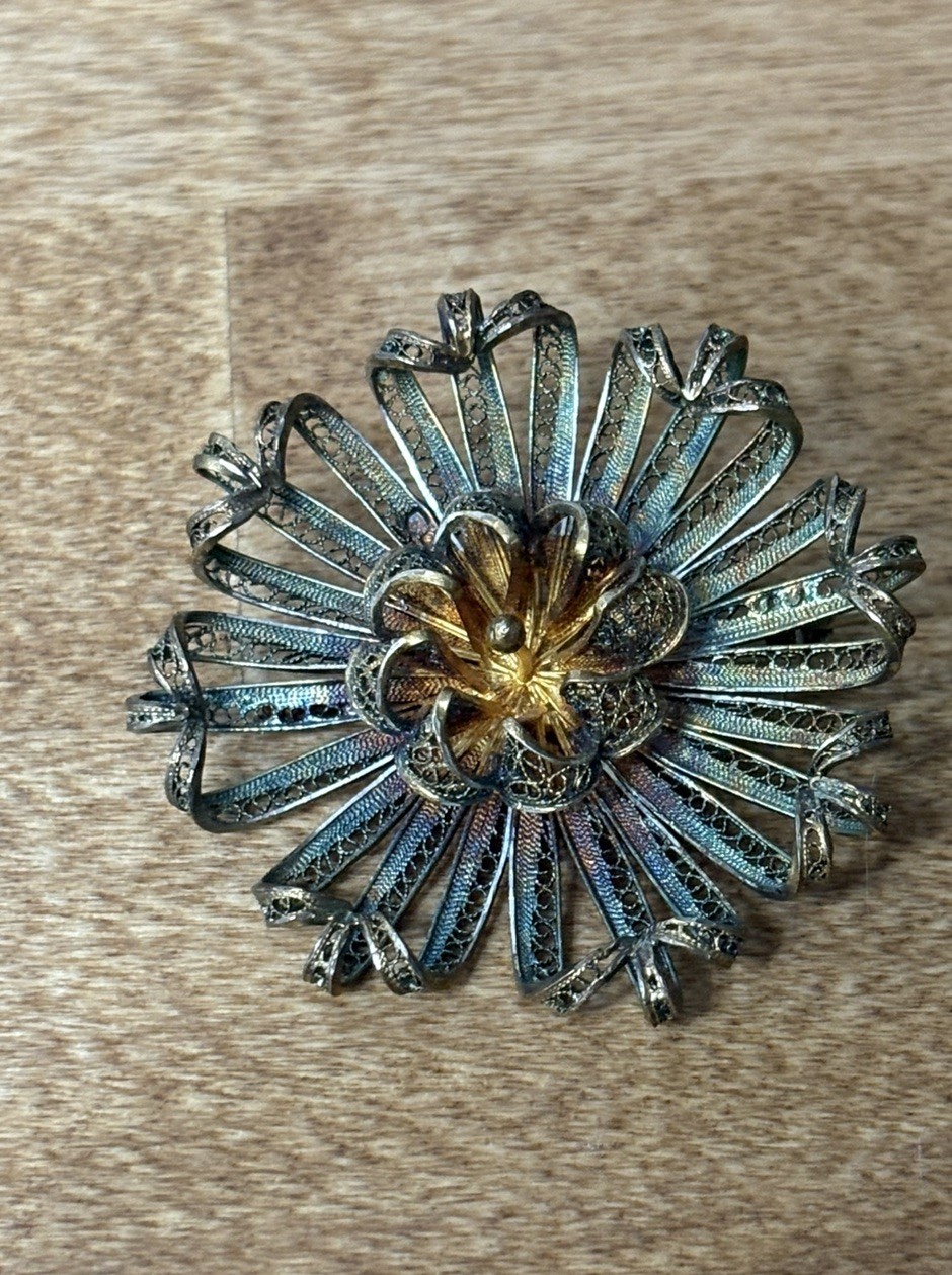 Antique Filigree Flower Brooch w/ Beautifully Toned Silver for Iridescent Color