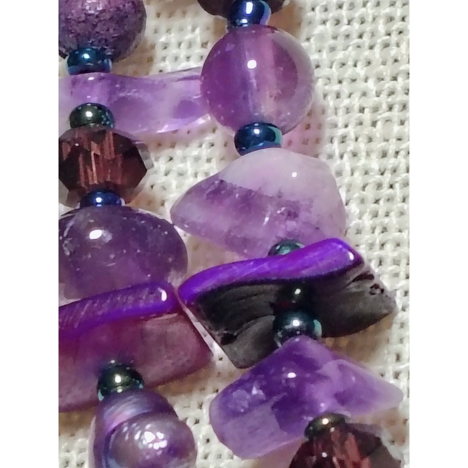N774 Artisan Double Strand Amethyst Chip Bead Necklace Purple Shell Pearl Boho