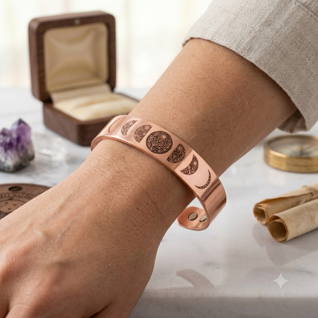 Flower Moon Phases Solid Copper Magnetic Bracelet Arthritis Pain Therapy Cuff
