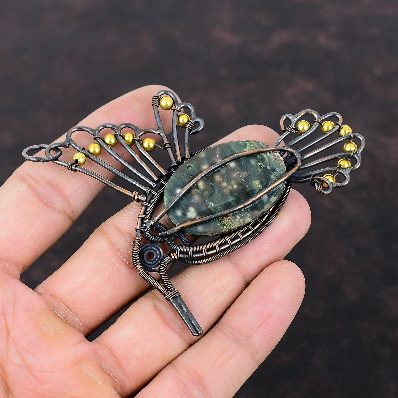 Ocean Jasper Copper Gift For Briedsmaid Wire Wrapped Bird Pendant 3.74″