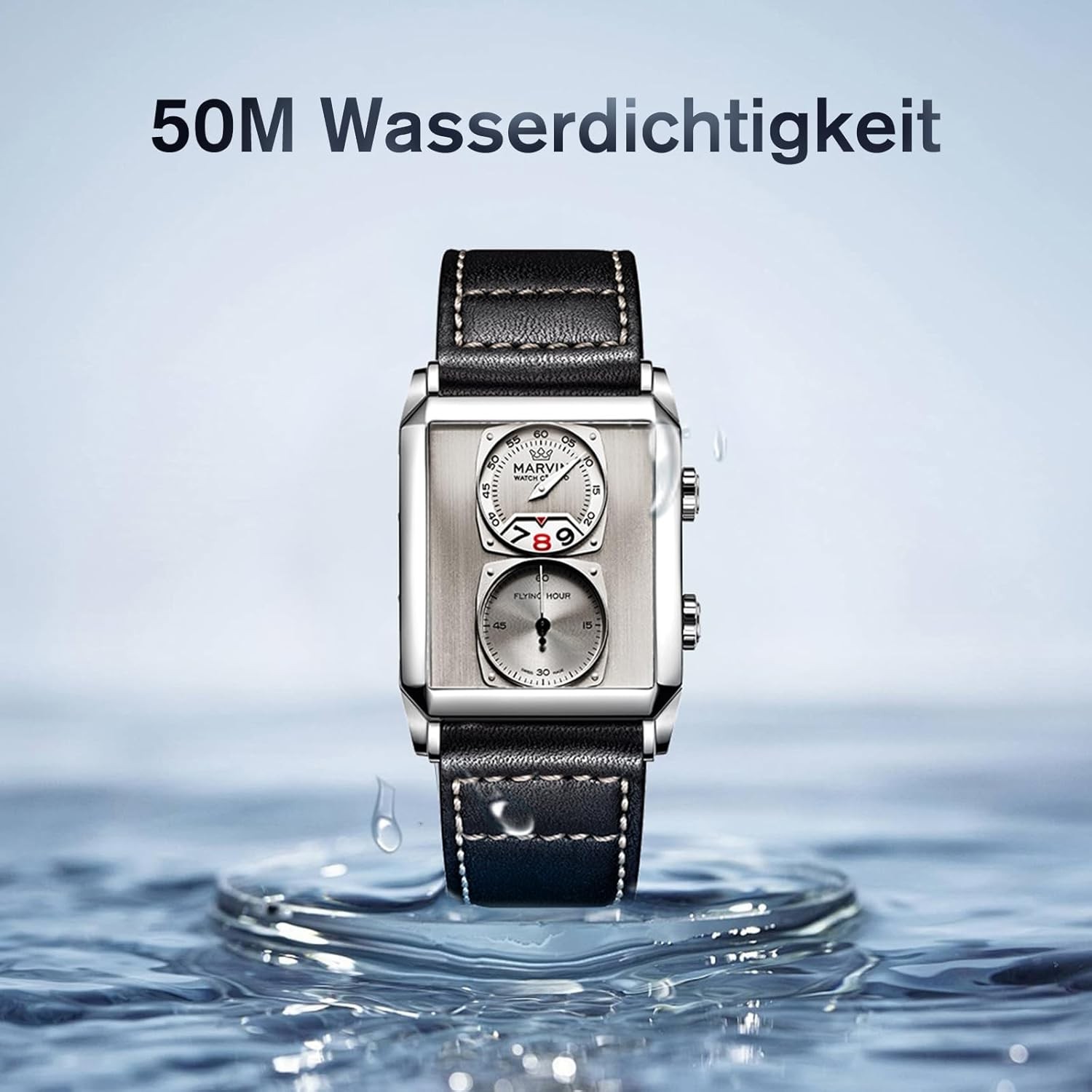 Watches for Men Swiss Mens Watch in Stainless Steel with Leather Strap and Recta