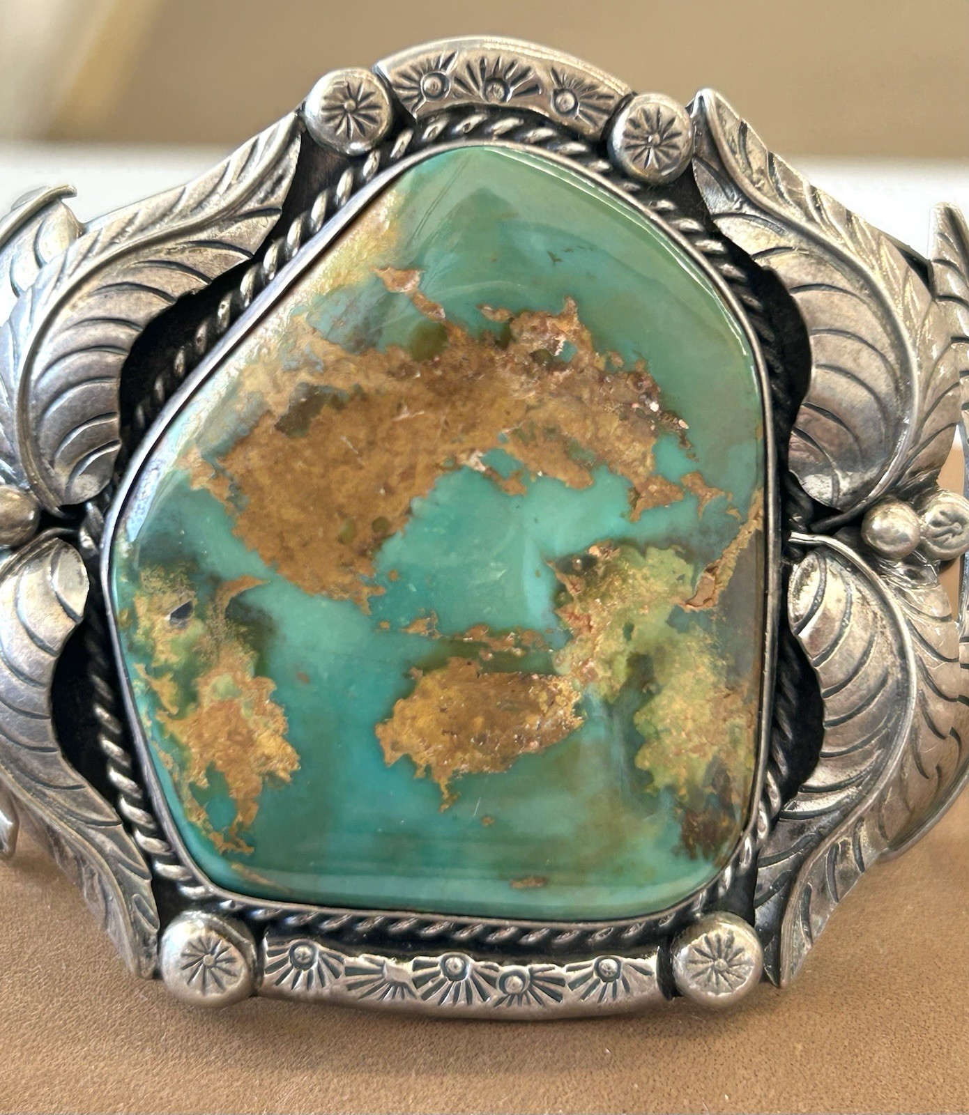Large Vintage Navajo Sterling Silver Turquoise 3 Band Cuff Bracelet Signed CM