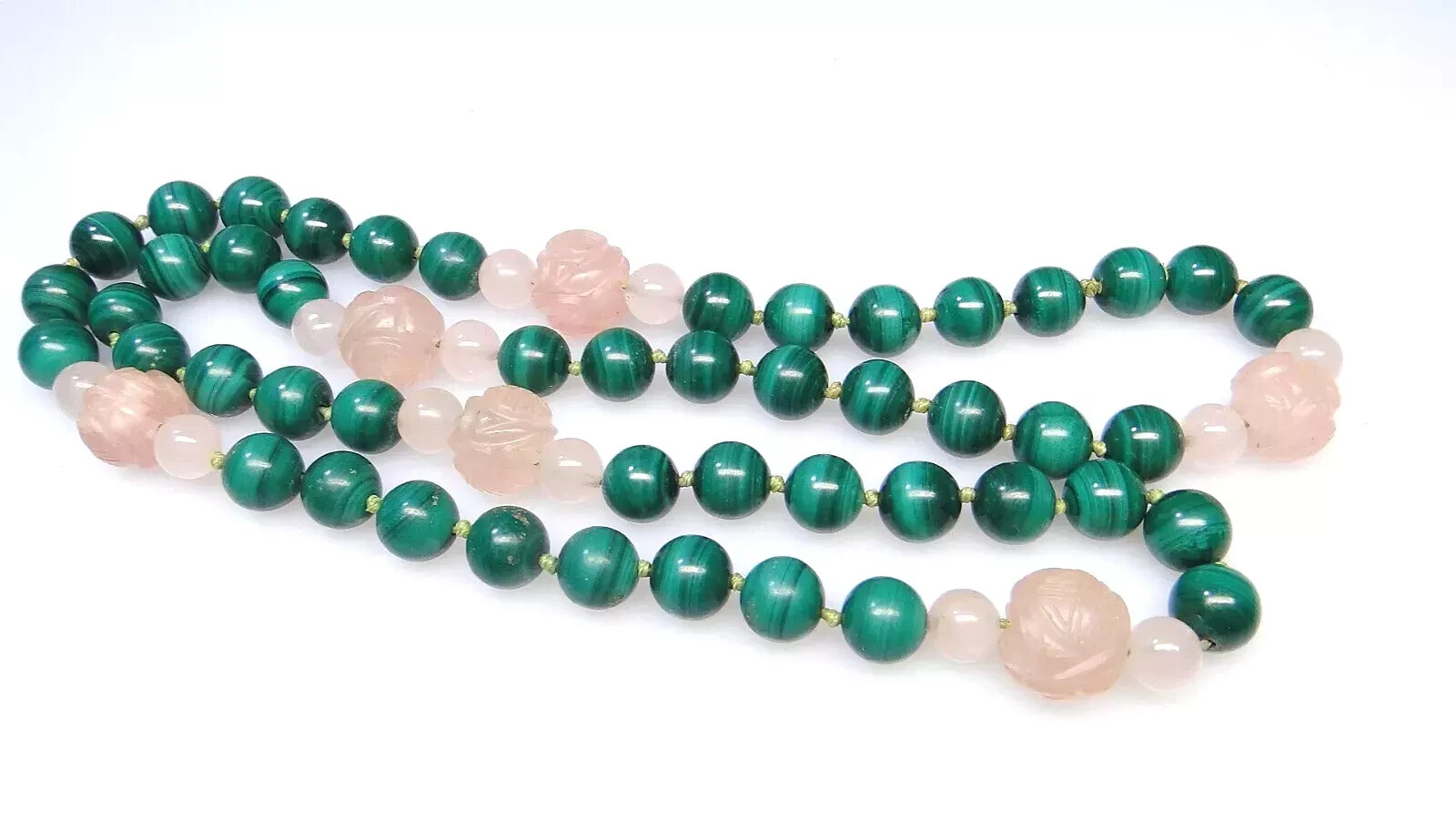 Stunning Carved Rose Jade Quartz & Malachite Bead Estate Necklace
