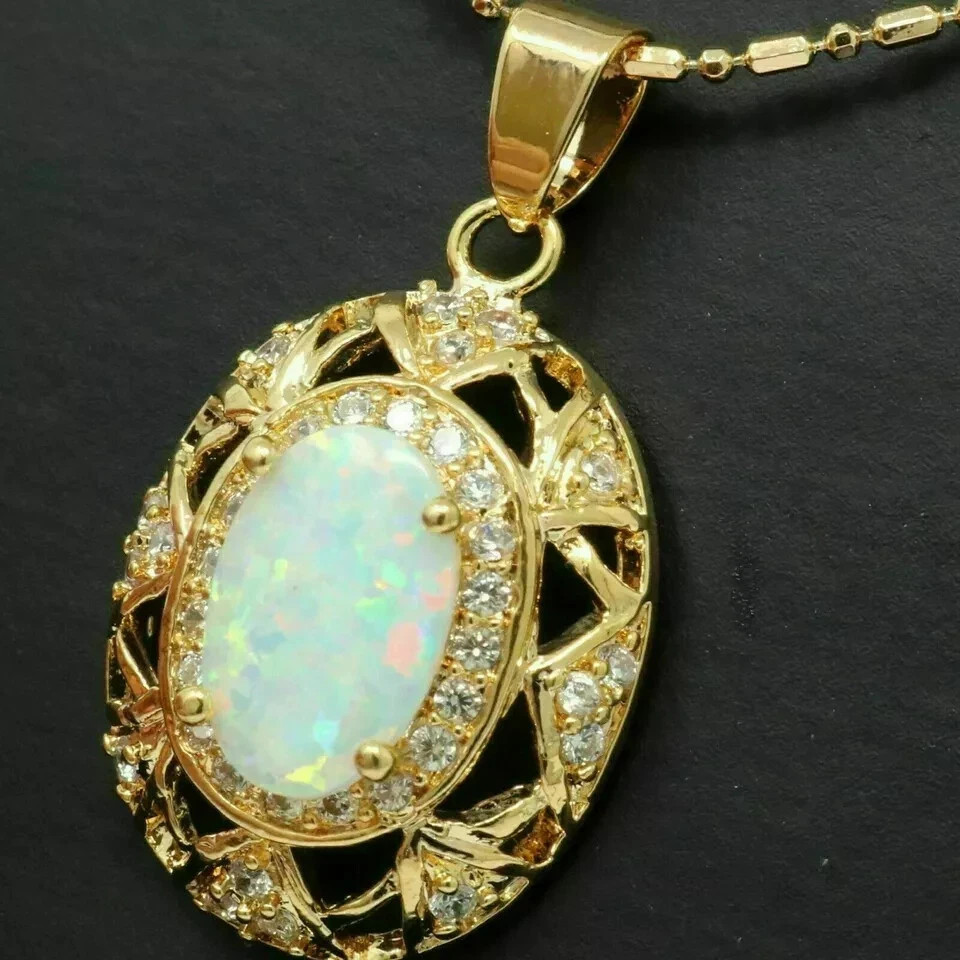 Fire Opal 3Ct Oval Cut Lab Created Vintage Pendant 14K Yellow Gold Plated Silver