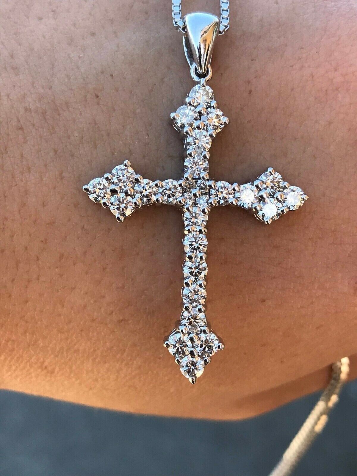 2Ct Round Cut Real Moissanite Cross Pendant Necklace 14K White Gold Plated 18″