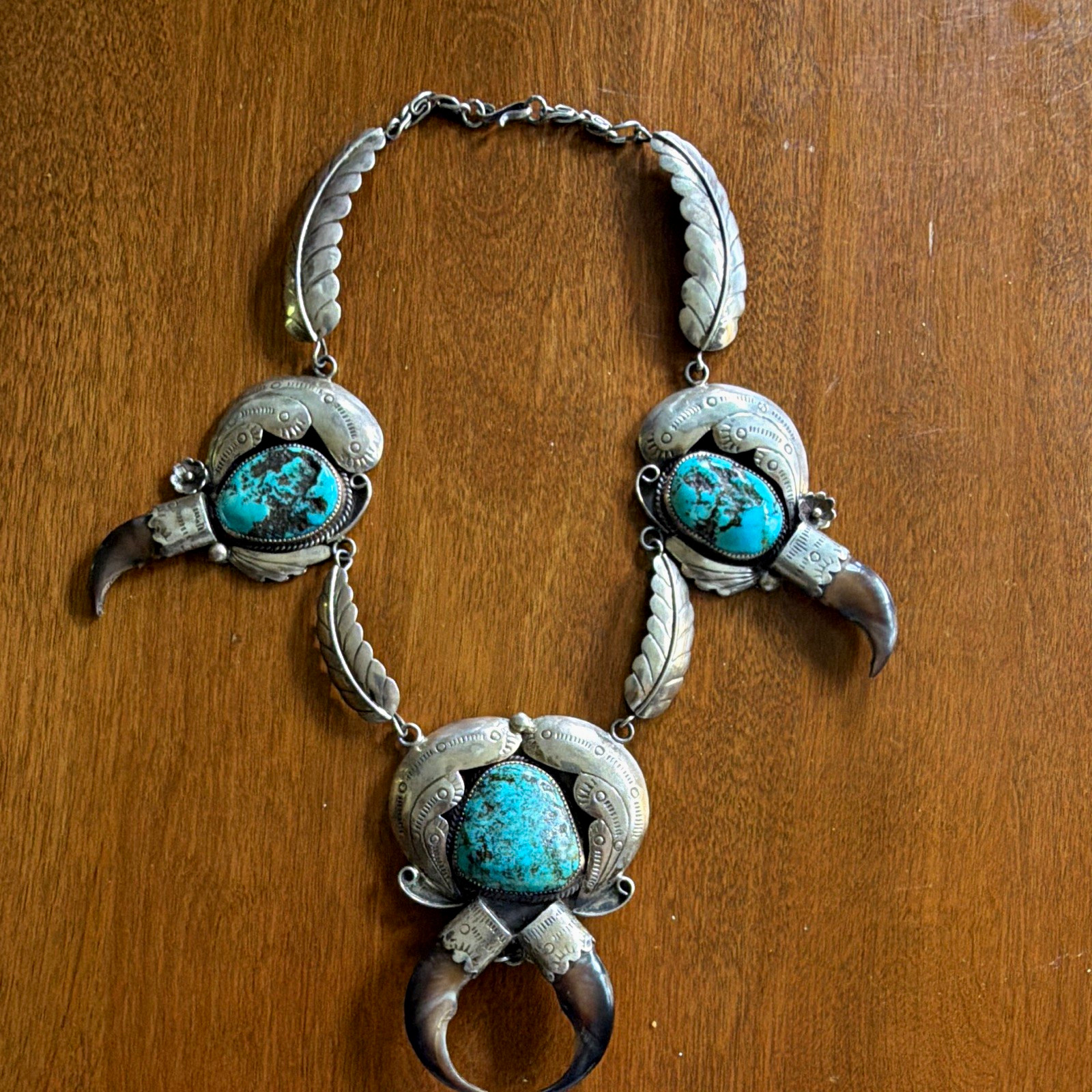 Turquoise & Coral Claw Charm Pendant Necklace, Silver Statement, Signed