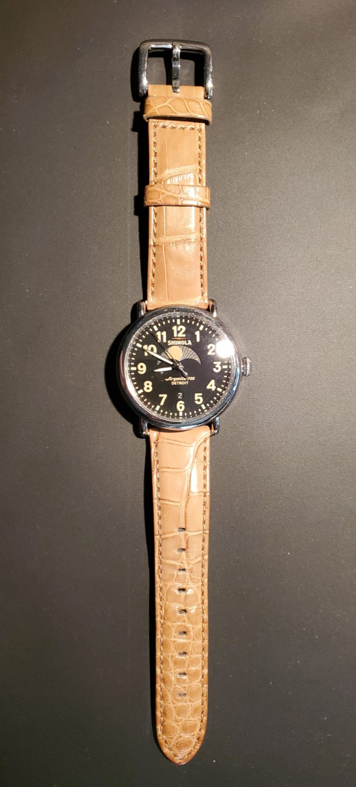 Shinola Runwell 41mm Moon Phase Watch, Argonite-708 Stainless, tan leather band
