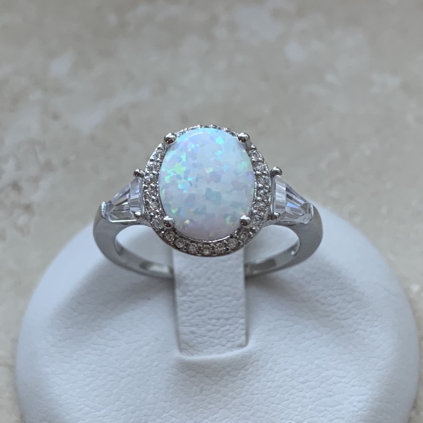 Sterling Silver Oval White Lab Opal Ring with CZ, Wedding Rings, Engagement Ring