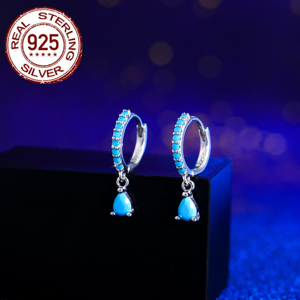 925 Sterling Silver Zircon Blue Turquoise Water Drop Dangle Hoop Huggie Earrings