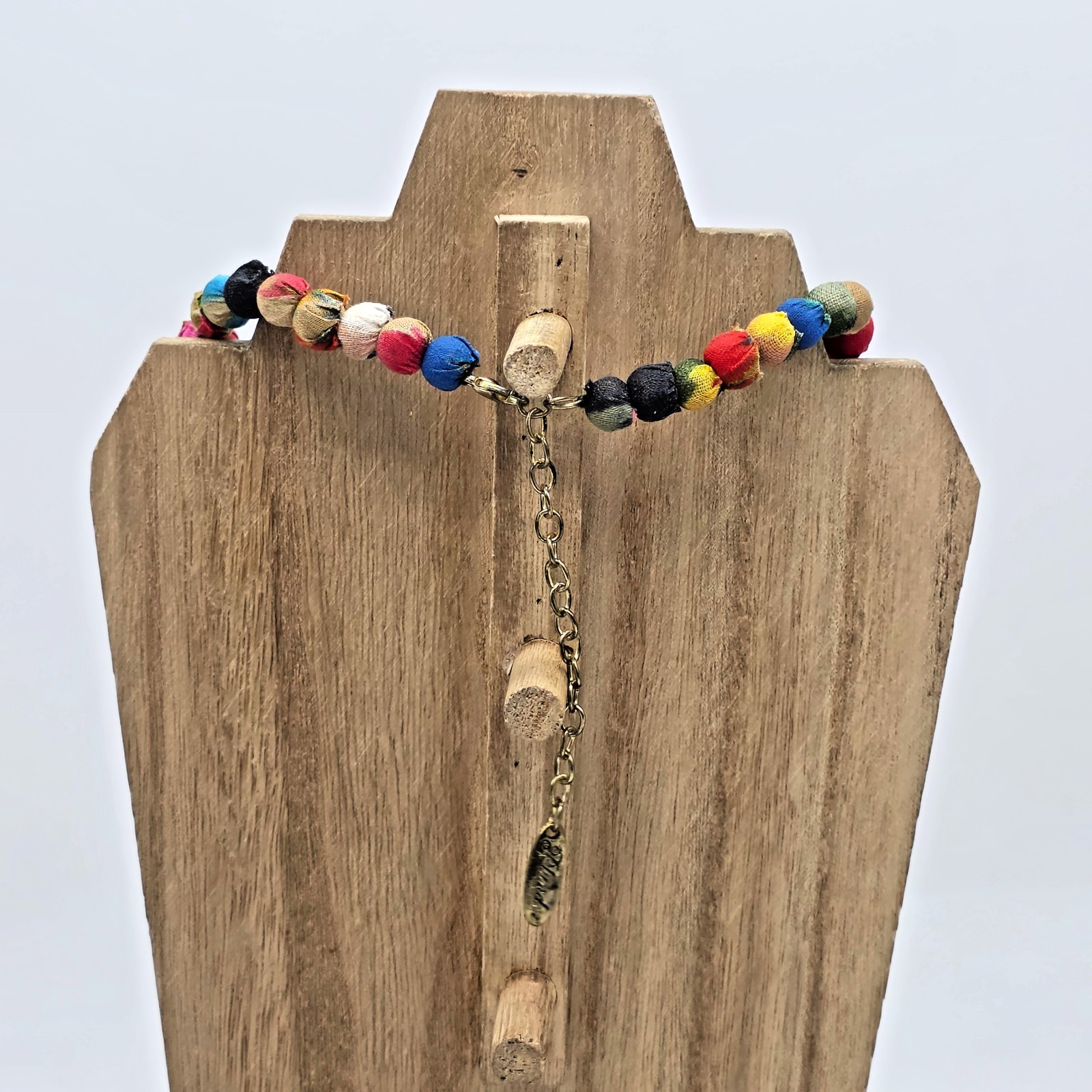 Plunder Kantha Fabric Wrapped Graduated Bead Necklace Multicolor 20”