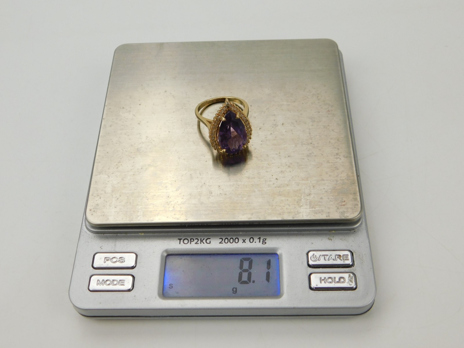 18×10.8mm Pear Cut Lab Created Amethyst Diamond Halo 14k Gold Sz 8 Cocktail Ring