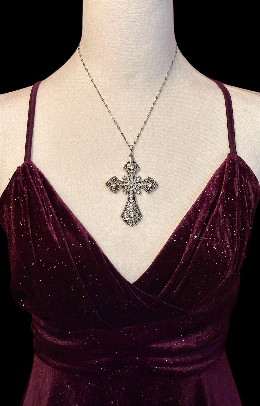 Large Victorian Cross Necklace Chain Silver Religious Gothic Grunch Whimsgoth