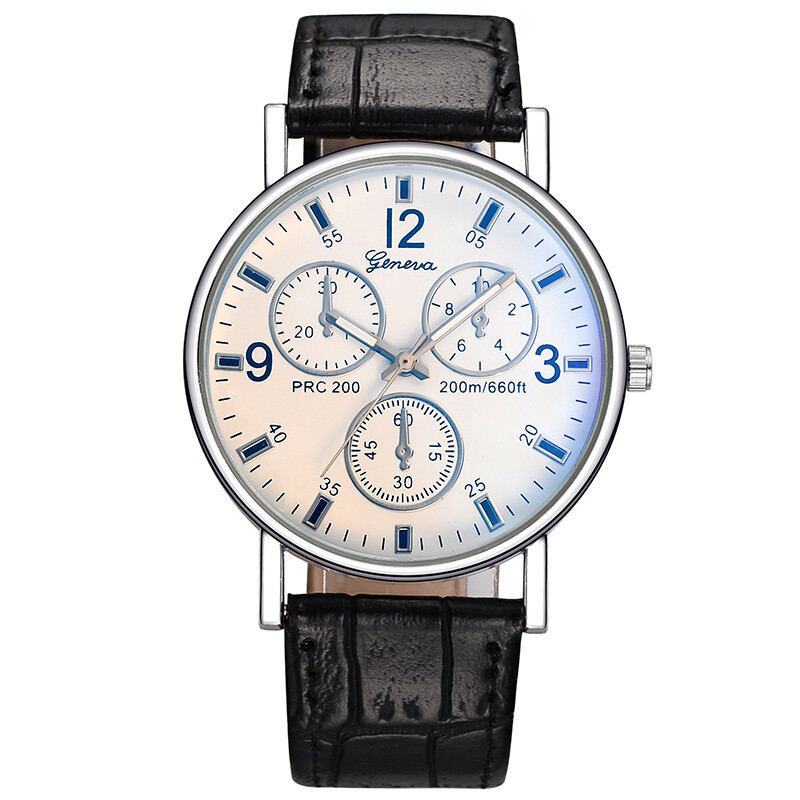 Fashion Men Steel Quartz Watch Black White Leather Band Analog Wristwatch