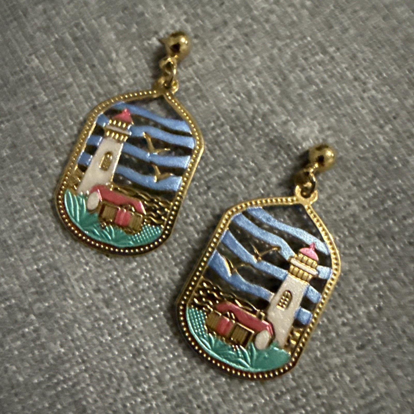 VTG Light shine Sea Gems Lighthouse Scene Earrings Dangle gold Plate Handpainted