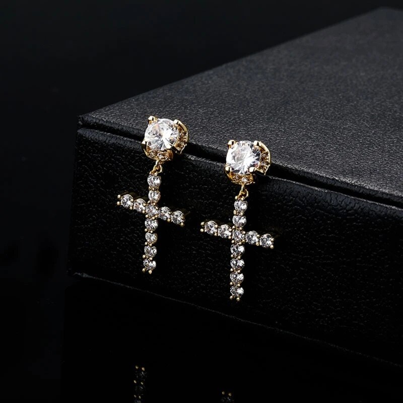 Iced Stud Cross Drop Hanging Huggie Dangle Hoop Sterling Silver Cz Gold Plated