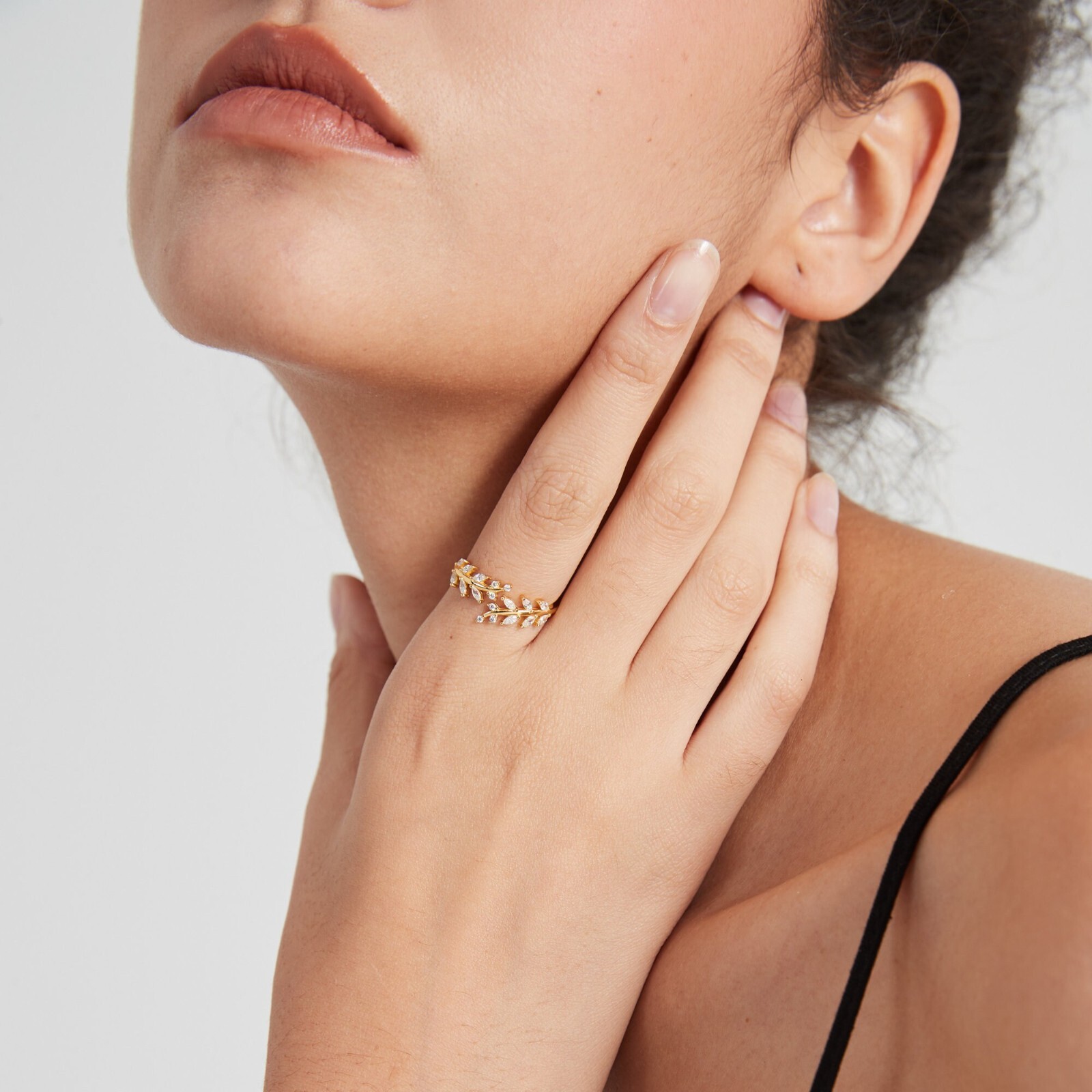 Dainty Gold Olive Branch Bypass Ring in 925 Sterling Silver
