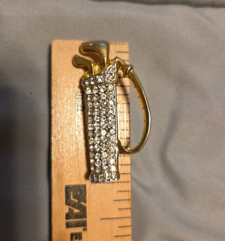 Bin Brooch Sparkling Golf Club Set Gold Tone Rhinestone Crystal Shiny Chic