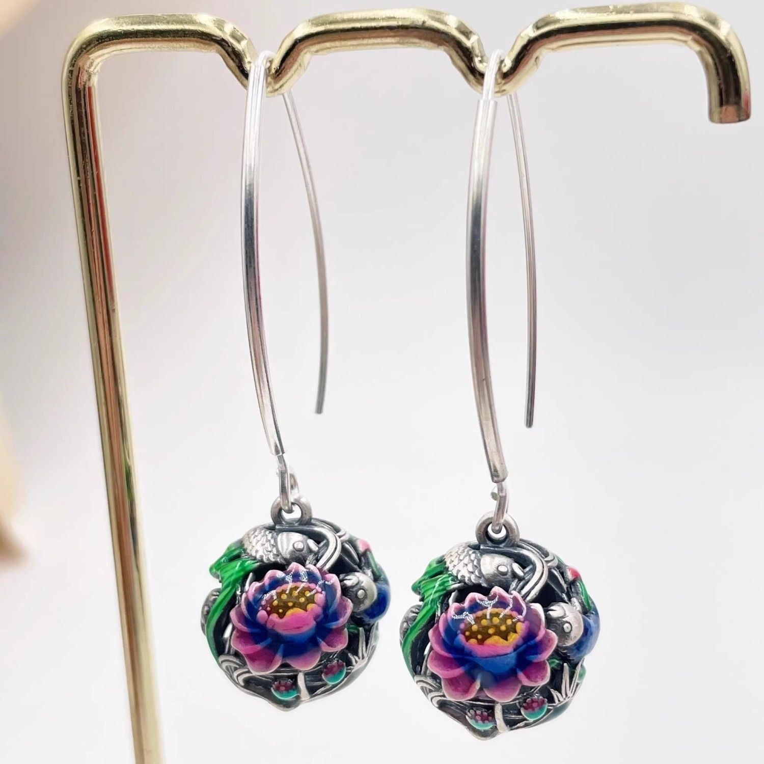 New Cloisonne Enamel Lotus Koi Fish Earrings Ethnic Handmade Dangle