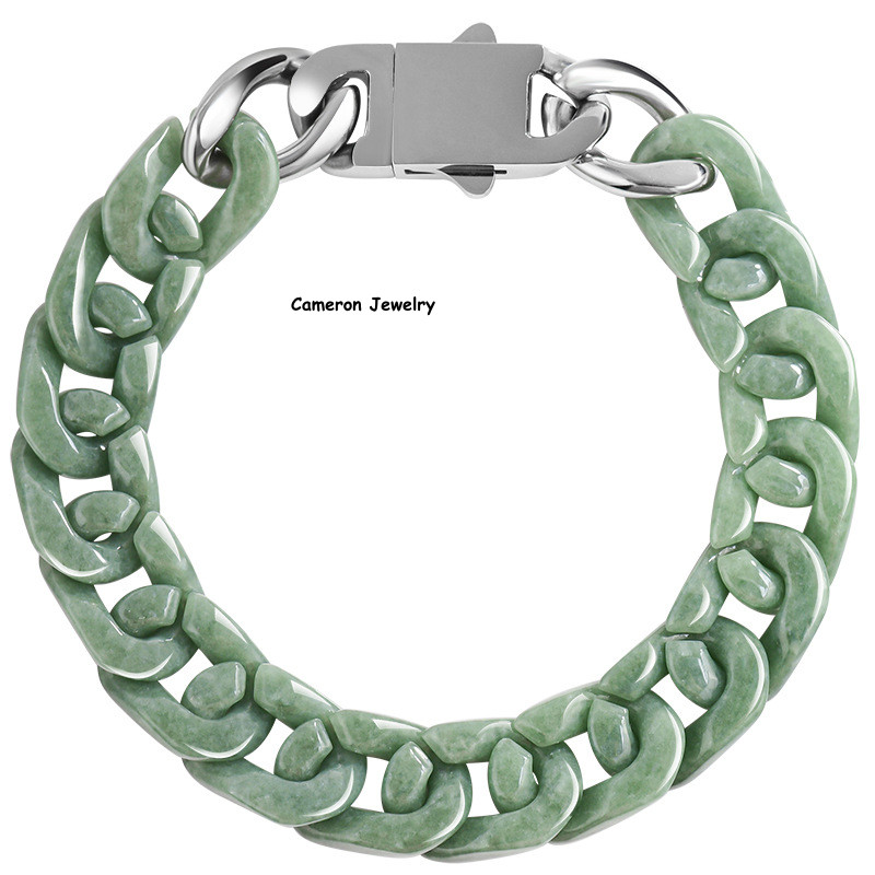 Real Grade A Natural Green Jade Jadeite Cuban Curb Link Bracelet 5.9-9.4Inch