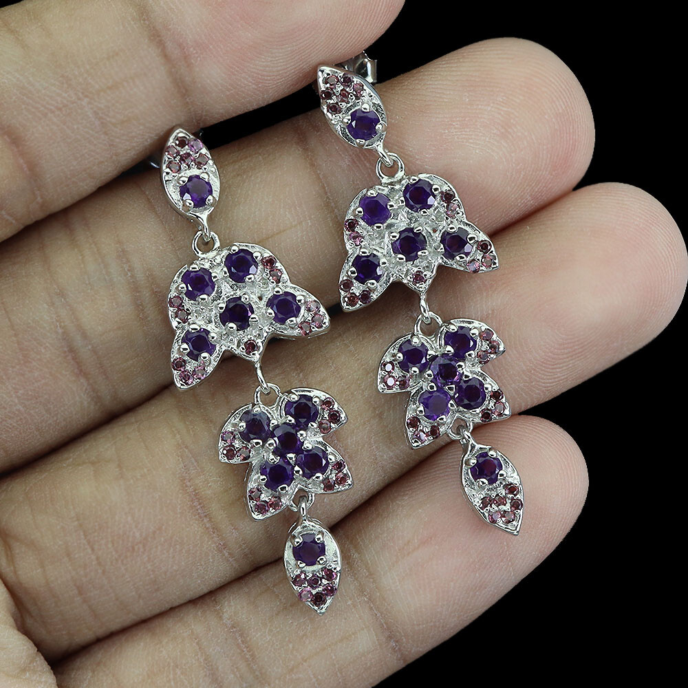 925 Sterling Silver Earrings Round Amethyst Rhodolite Garnet Gemstone Jewelry