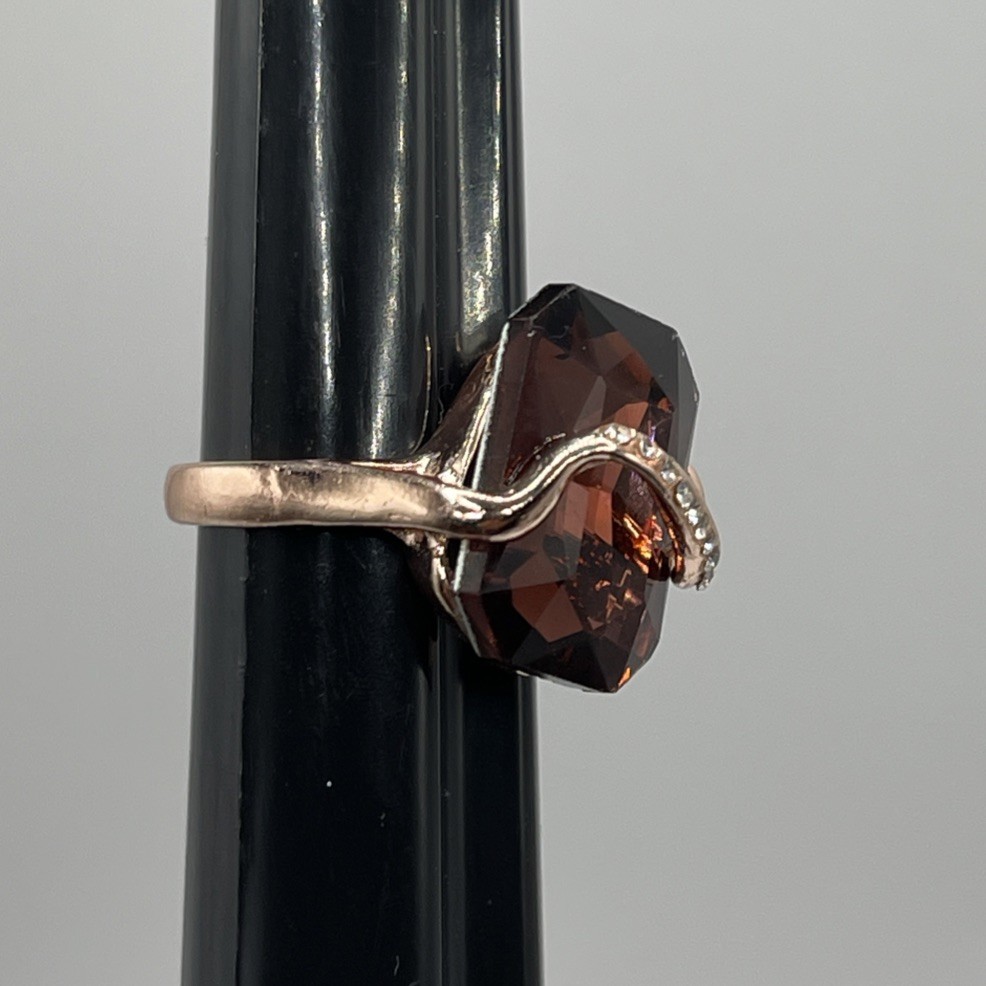 Rose Gold Filled Octagon Brown Cognac Wine Rhinestone Wave Wavy Ring Size 6.25
